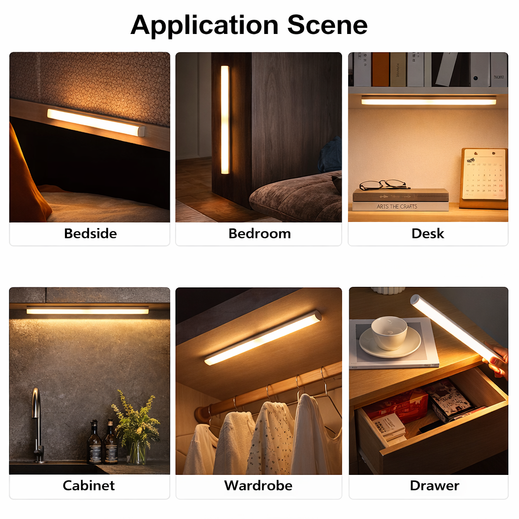 Light fixture used in various settings including bedside, bedroom, desk, cabinet, wardrobe, and drawer.